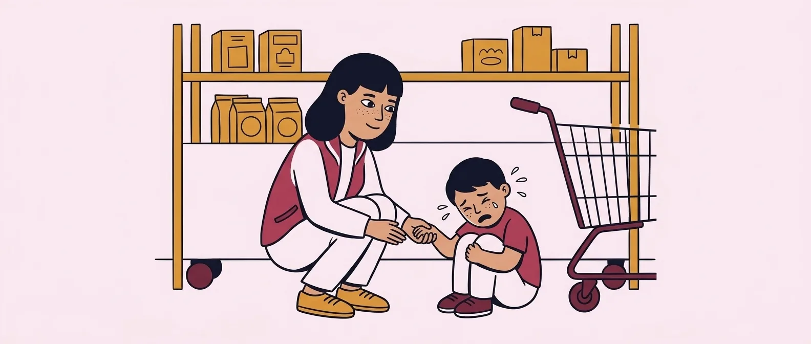 Parent accompagnant calmement son enfant en crise dans un magasin
