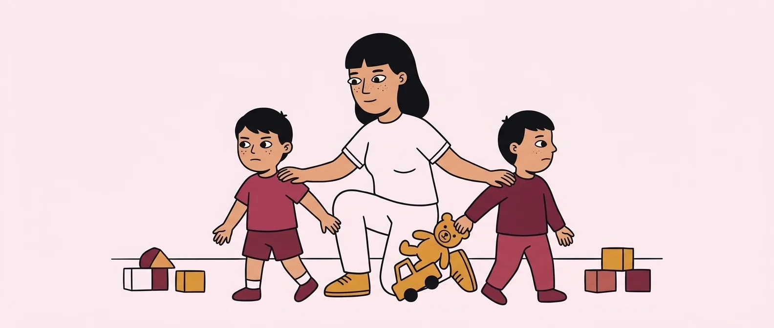 Parent calmly helping siblings resolve an argument