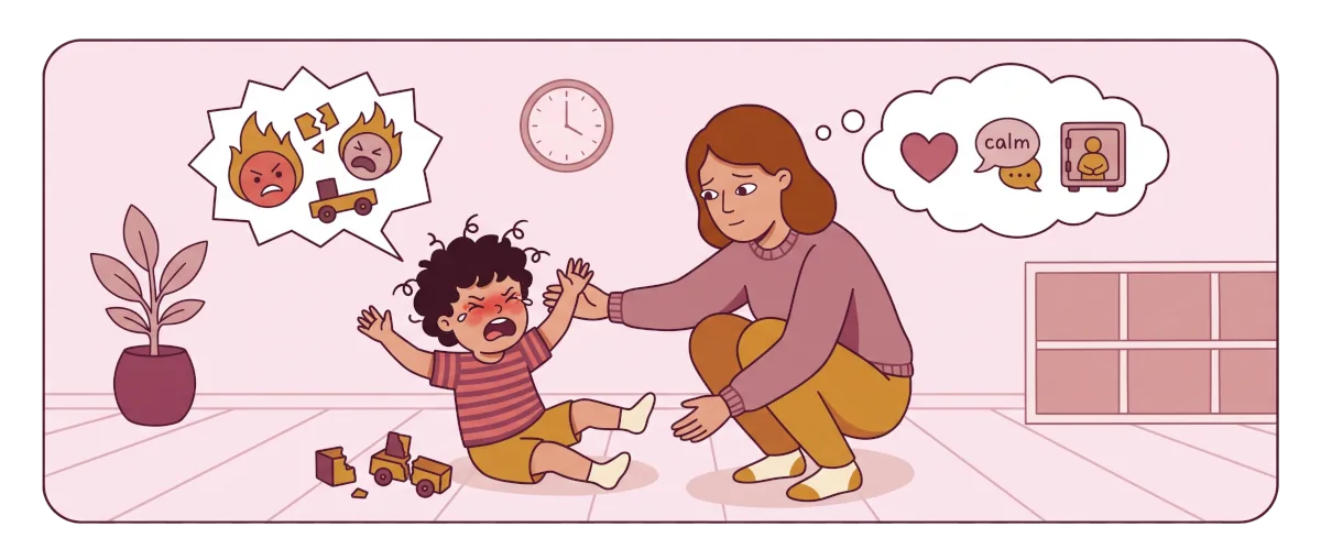 Parent calmly supporting a child during a tantrum