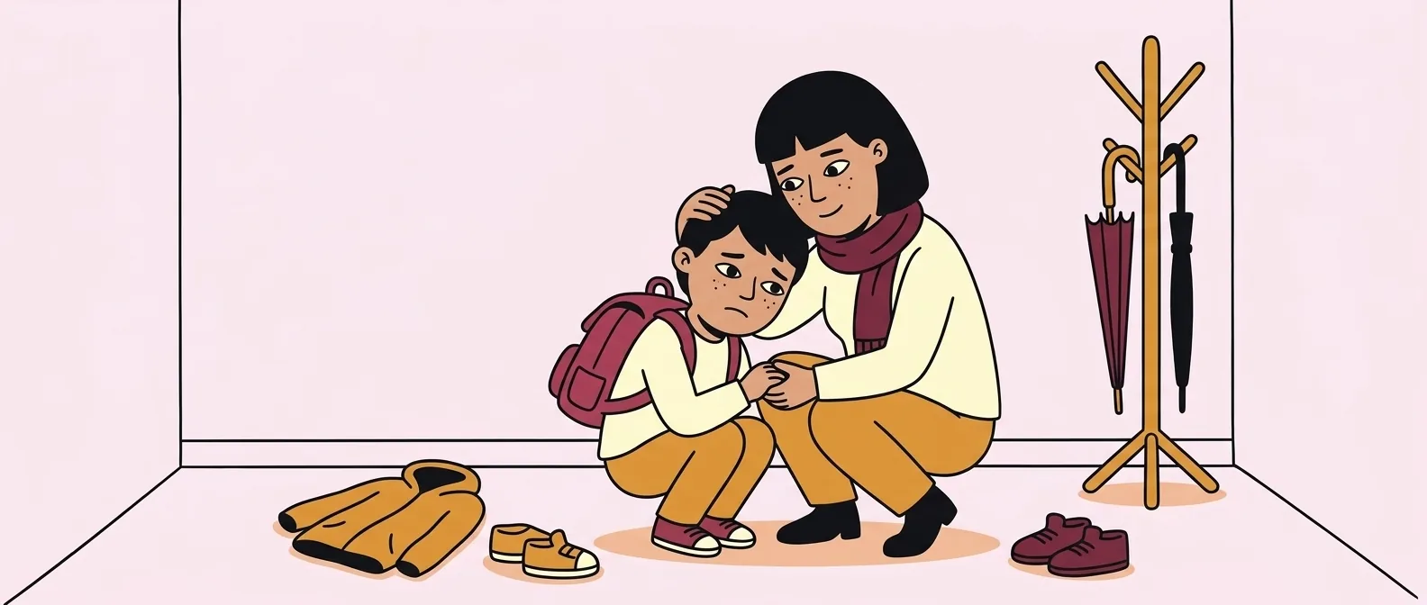 Niño cansado tras salir de la escuela infantil con su madre