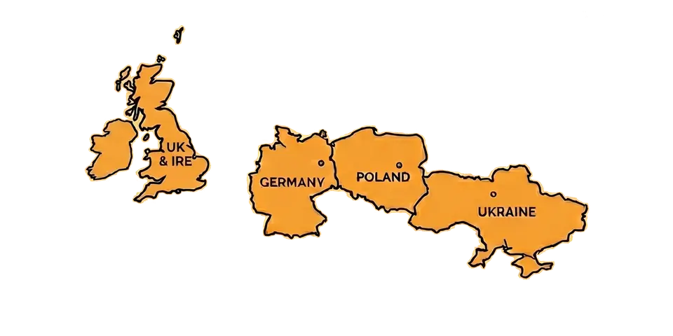 Map of supported countries: Poland, Ukraine, Germany, United Kingdom, Ireland, France and Spain